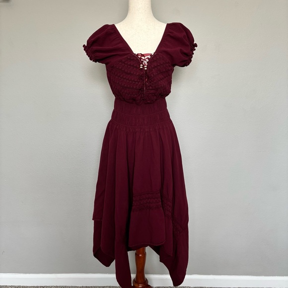Burgundy Boho Handkerchief Hem, Smocked Waistline Dress, GUC - Picture 1 of 12